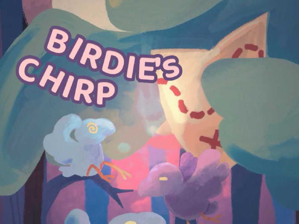 Birdie's Chirp poster art: painted birds in a forest